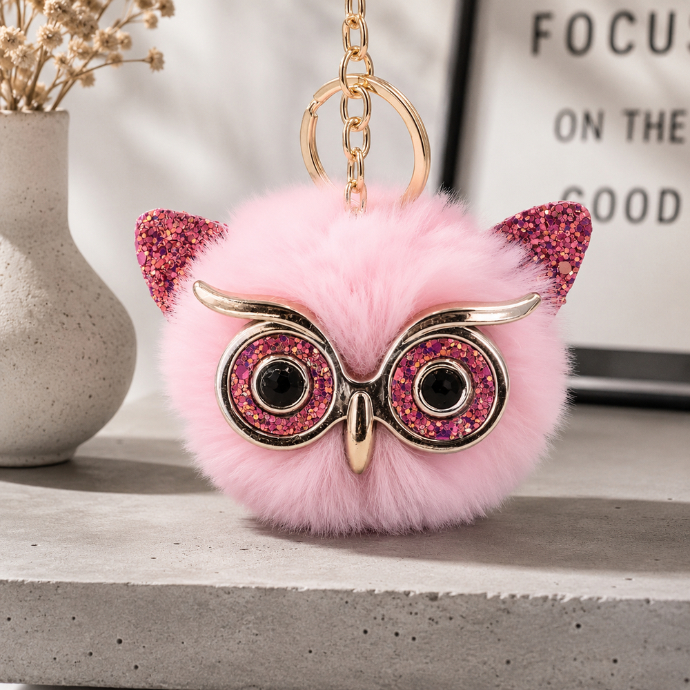 Pink Fluffy Owl Pom Pom Keychain Purse Charm with Sparkly Glasses 🦉 - Picture 5 of 5